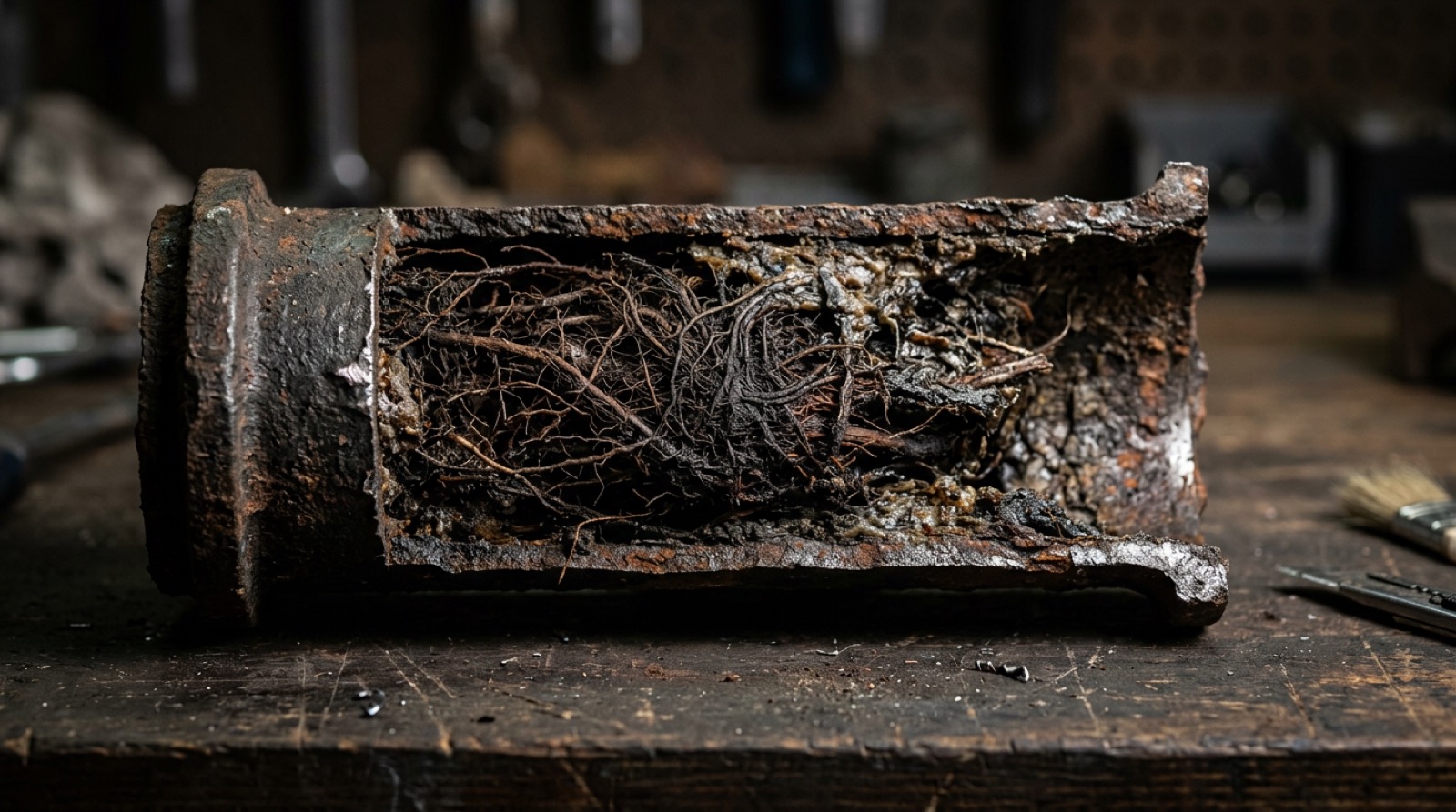 Cut-open pipe showing a root and grease blockage