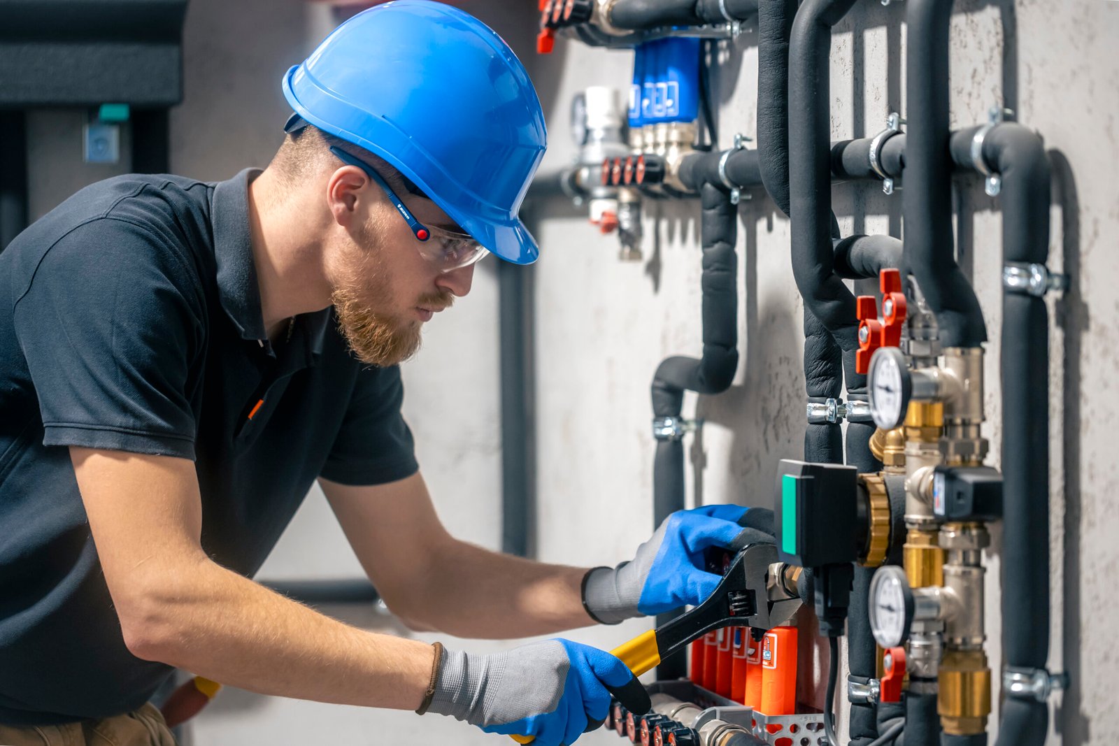 A man installs a heating system in a house and checks the pipes with a wrench. Adjusting heating valves in a residential building. A plumbing and heating technician works.
